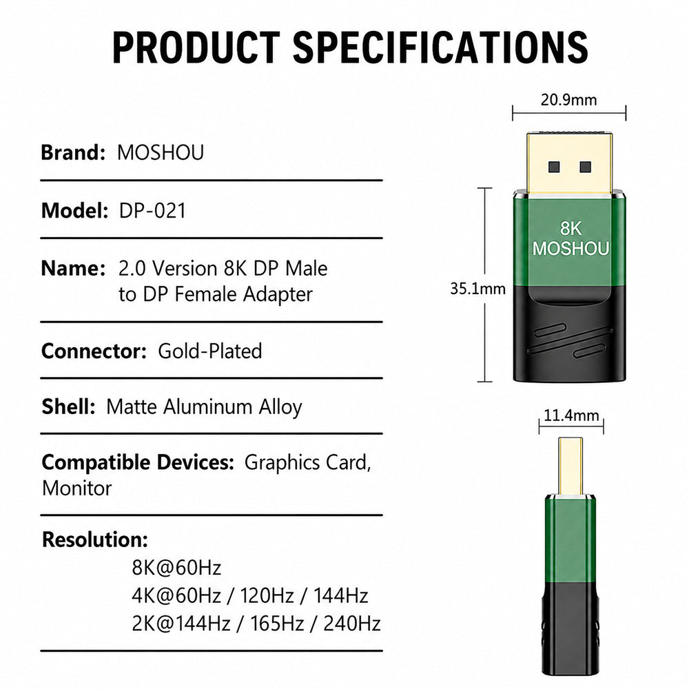 MOSHOU DisplayPort 2.0 Male to Female Adapter – 8K60, 4K144