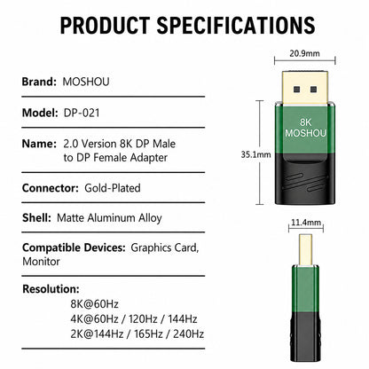 MOSHOU DisplayPort 2.0 Male to Female Adapter – 8K60, 4K144