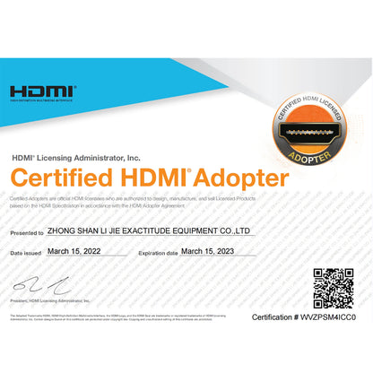 HDMI adopter certification information supplied with MOSHOU cable