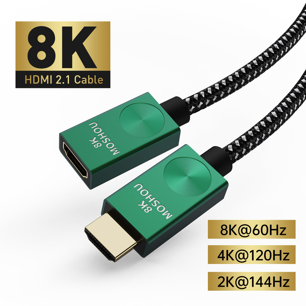 Green HDMI Type-A male plug and female extension socket with 8K support
