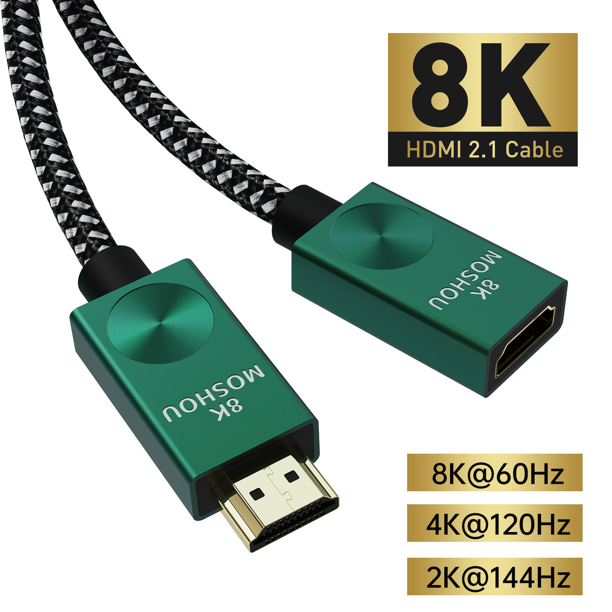 Braided green HDMI 2.1 male to female cable angled view