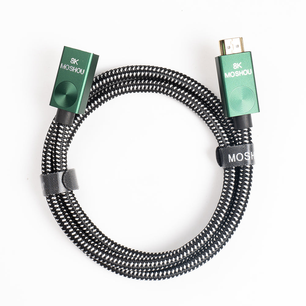 Coiled braided MOSHOU green HDMI extension cable with cable strap