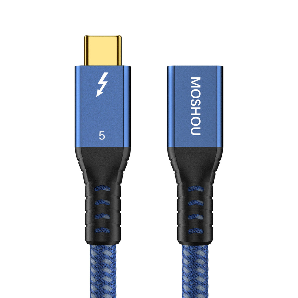 MOSHOU Thunderbolt 5 USB-C male-to-female extension cable with blue braided jacket