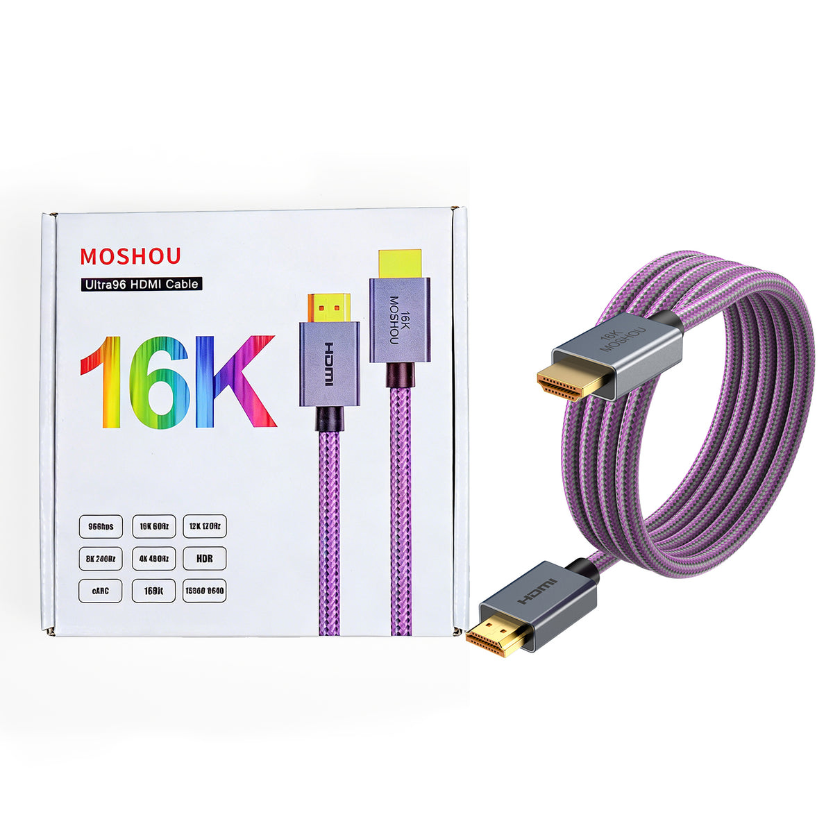 MOSHOU 16K HDMI 2.2 cable retail box and coiled cable