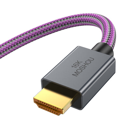 Close-up of MOSHOU 16K HDMI 2.2 connector and braided jacket