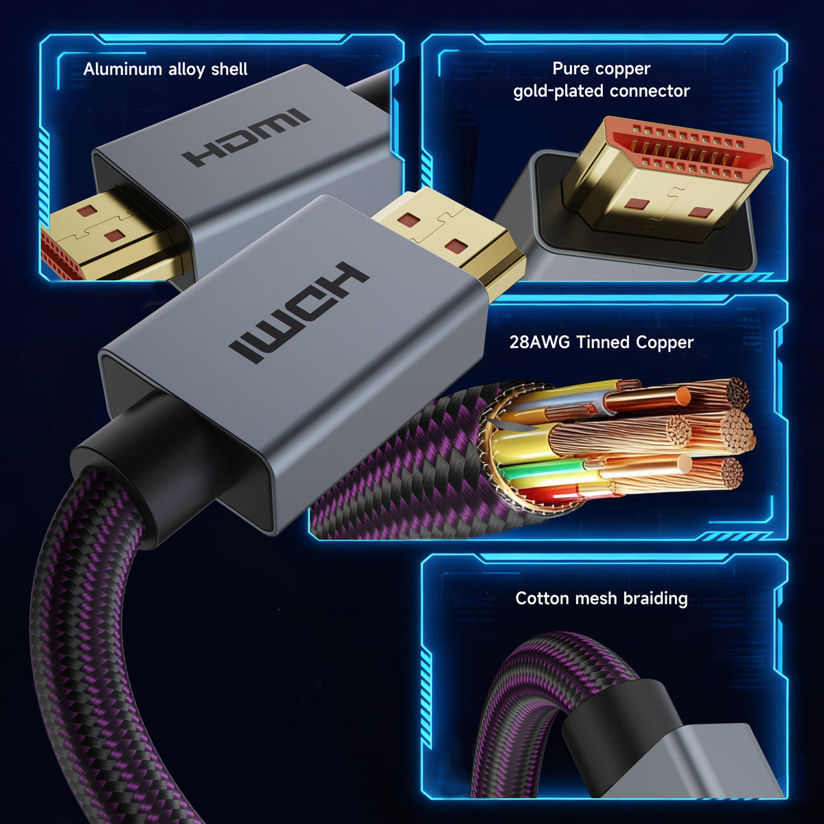 HDMI 2.2 cable construction with aluminum shell and braided jacket