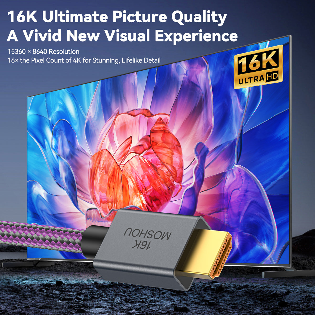 MOSHOU HDMI 2.2 cable demonstrating vivid 16K picture quality