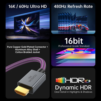 HDMI 2.2 cable features including high refresh rate, 16-bit color and Dynamic HDR