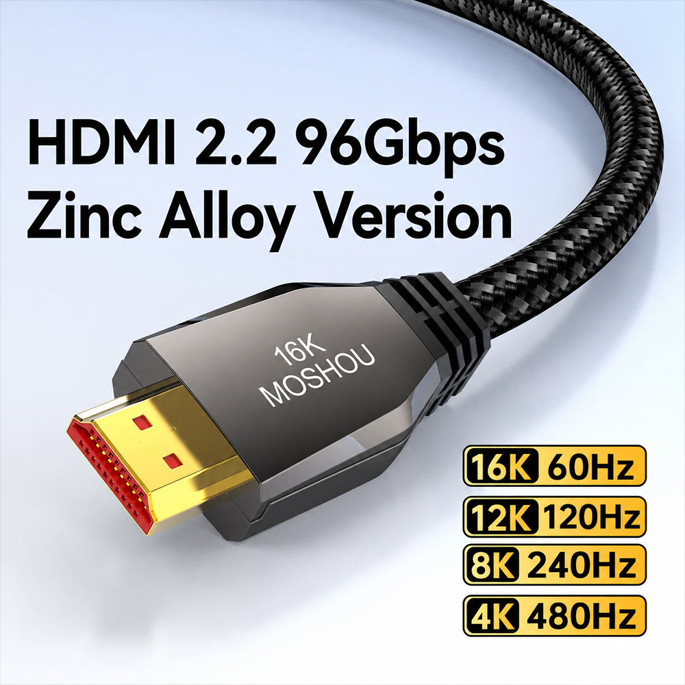 Close-up of MOSHOU 16K HDMI 2.2 cable and black braided jacket