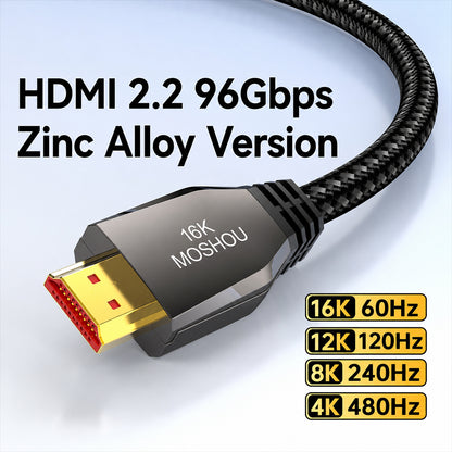 Close-up of MOSHOU 16K HDMI 2.2 cable and black braided jacket