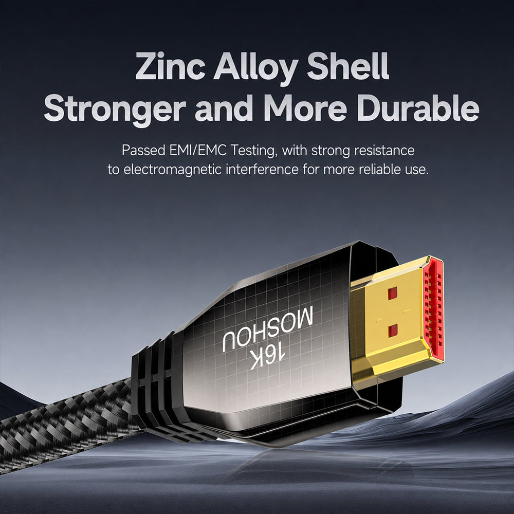 Durable zinc alloy shell on MOSHOU 16K HDMI 2.2 connector