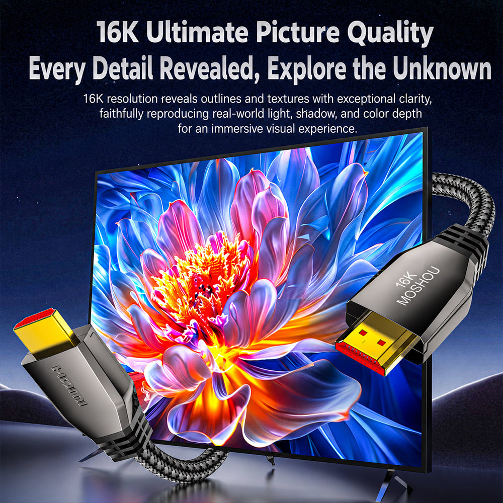 MOSHOU HDMI 2.2 cable demonstrating 16K picture quality