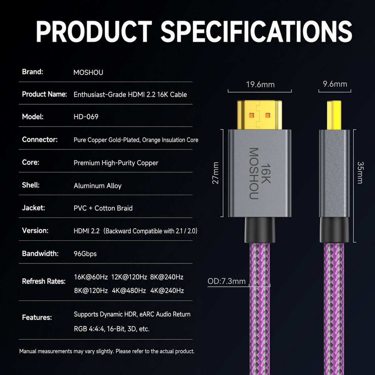 MOSHOU 16K HDMI 2.2 cable specifications and connector dimensions