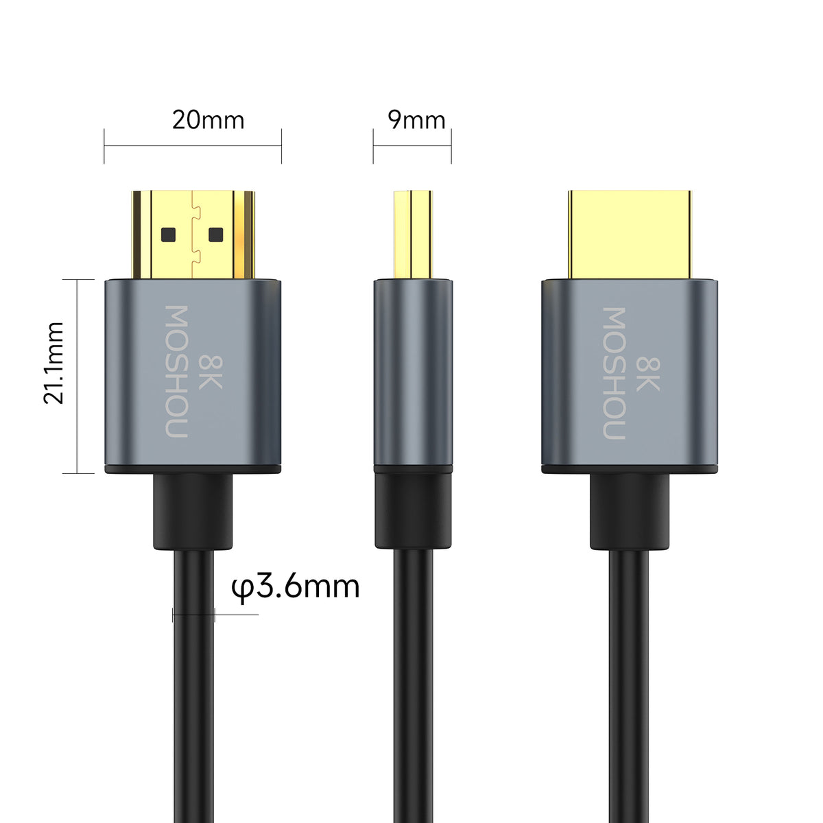 MOSHOU 3.6mm ultra-thin HDMI cable connector and cable dimensions