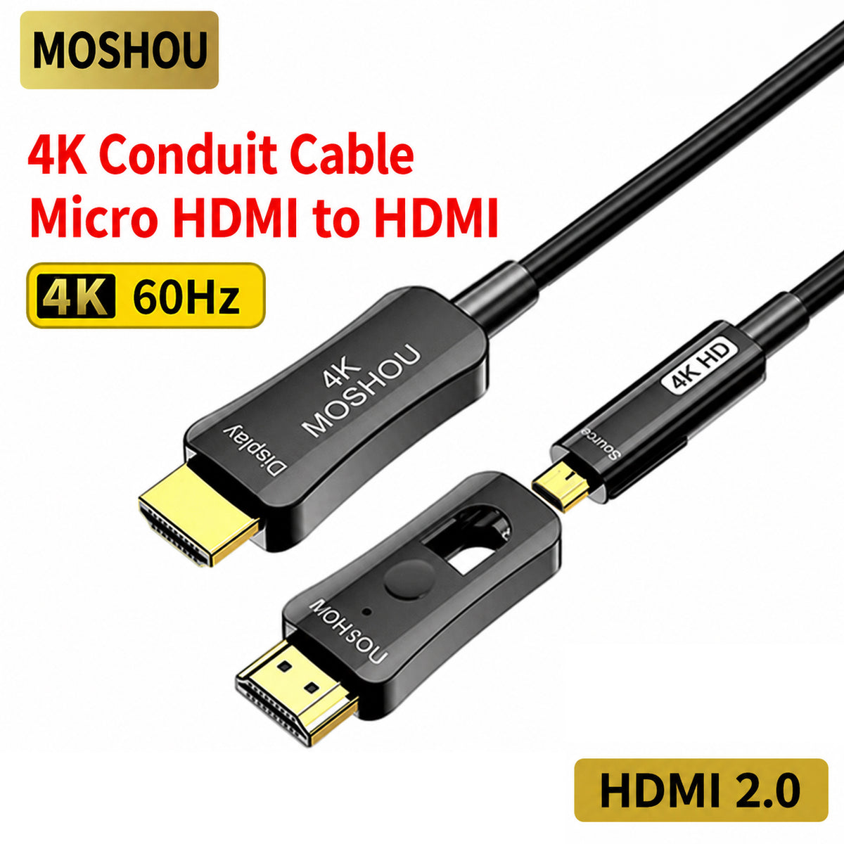MOSHOU 4K HDMI 2.0 pull-through fiber optic cable with detachable connector