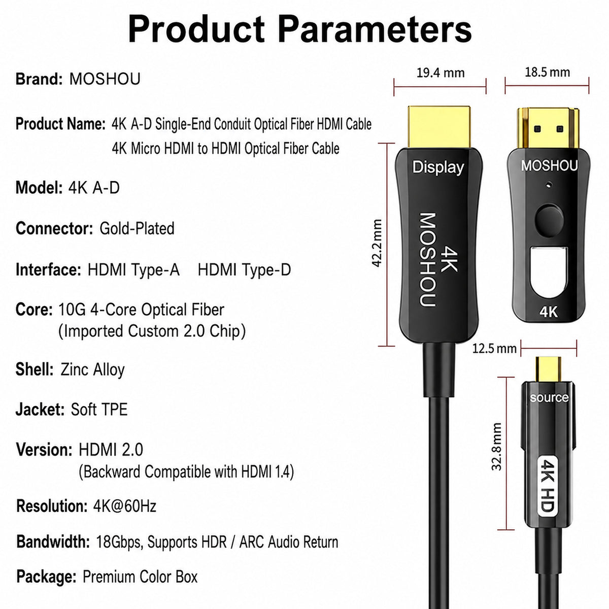 Dimensions and technical parameters for MOSHOU 4K HDMI pull-through cable