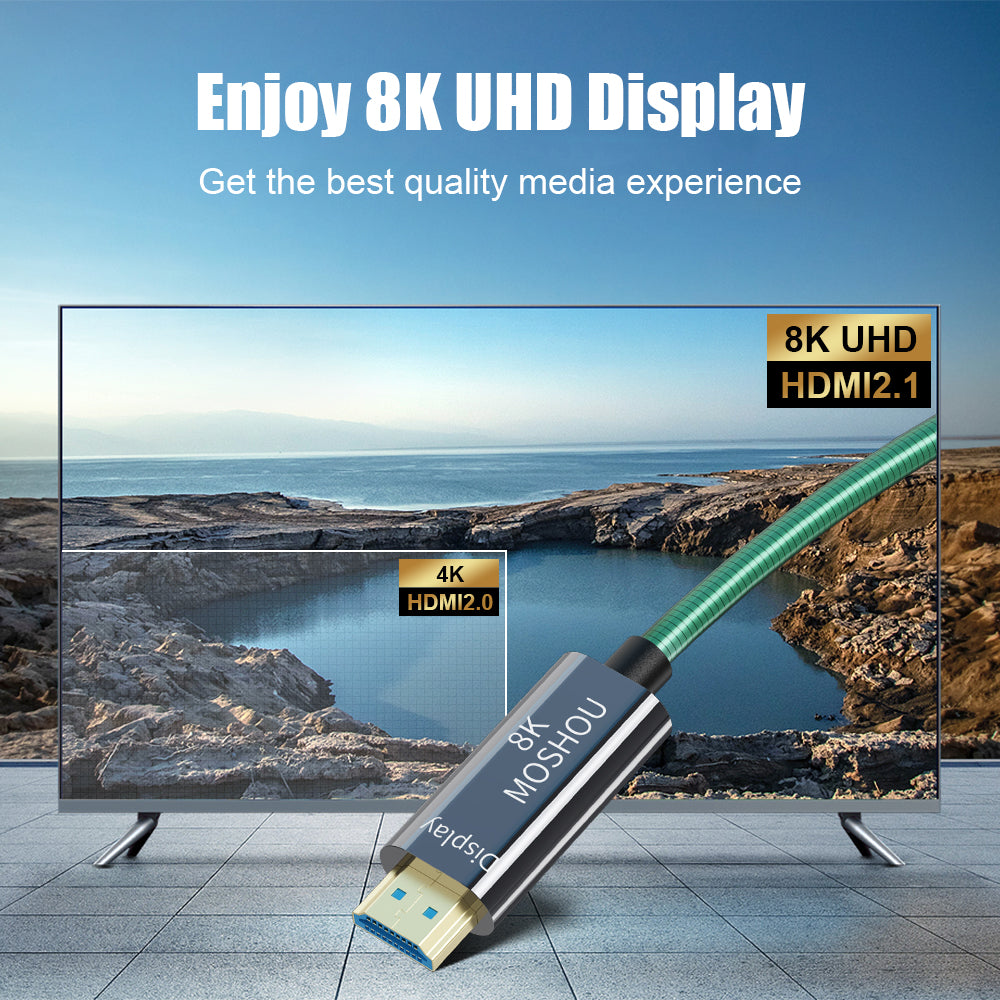MOSHOU 8K optical HDMI cable connected to a display