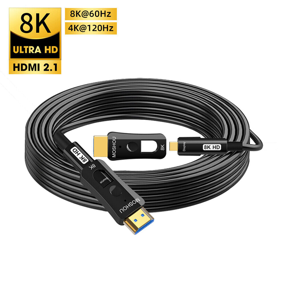 Coiled MOSHOU 8K HDMI fiber optic pull-through cable