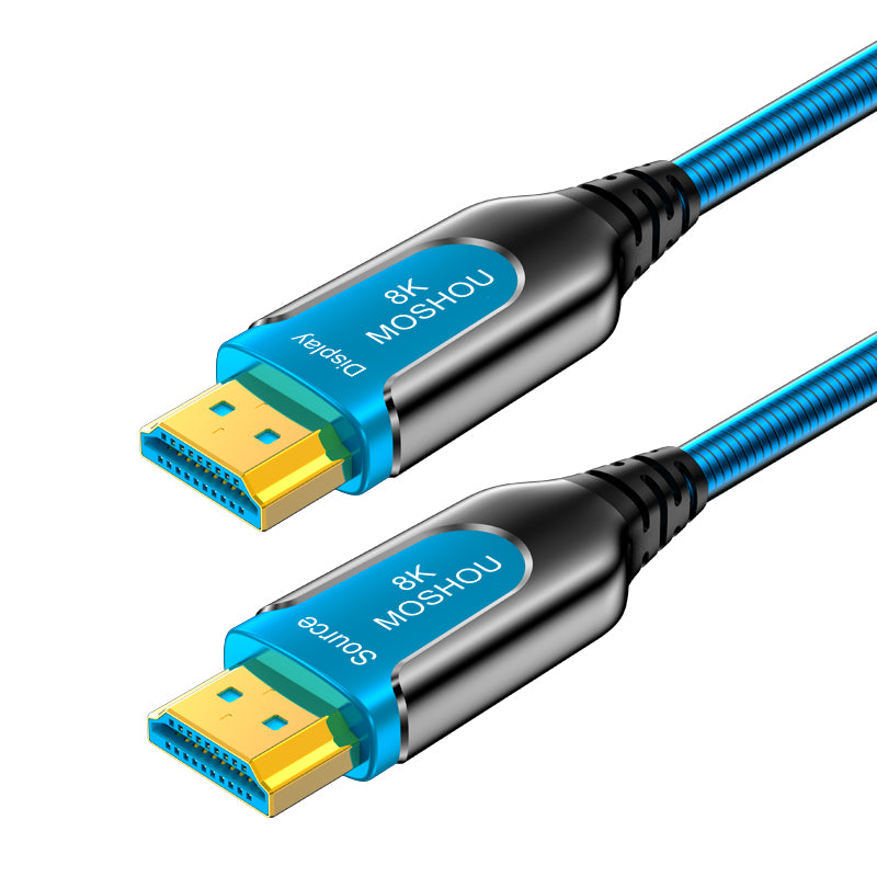 Angled view of MOSHOU 8K optical HDMI cable connectors