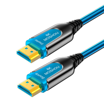 Angled view of MOSHOU 8K optical HDMI cable connectors