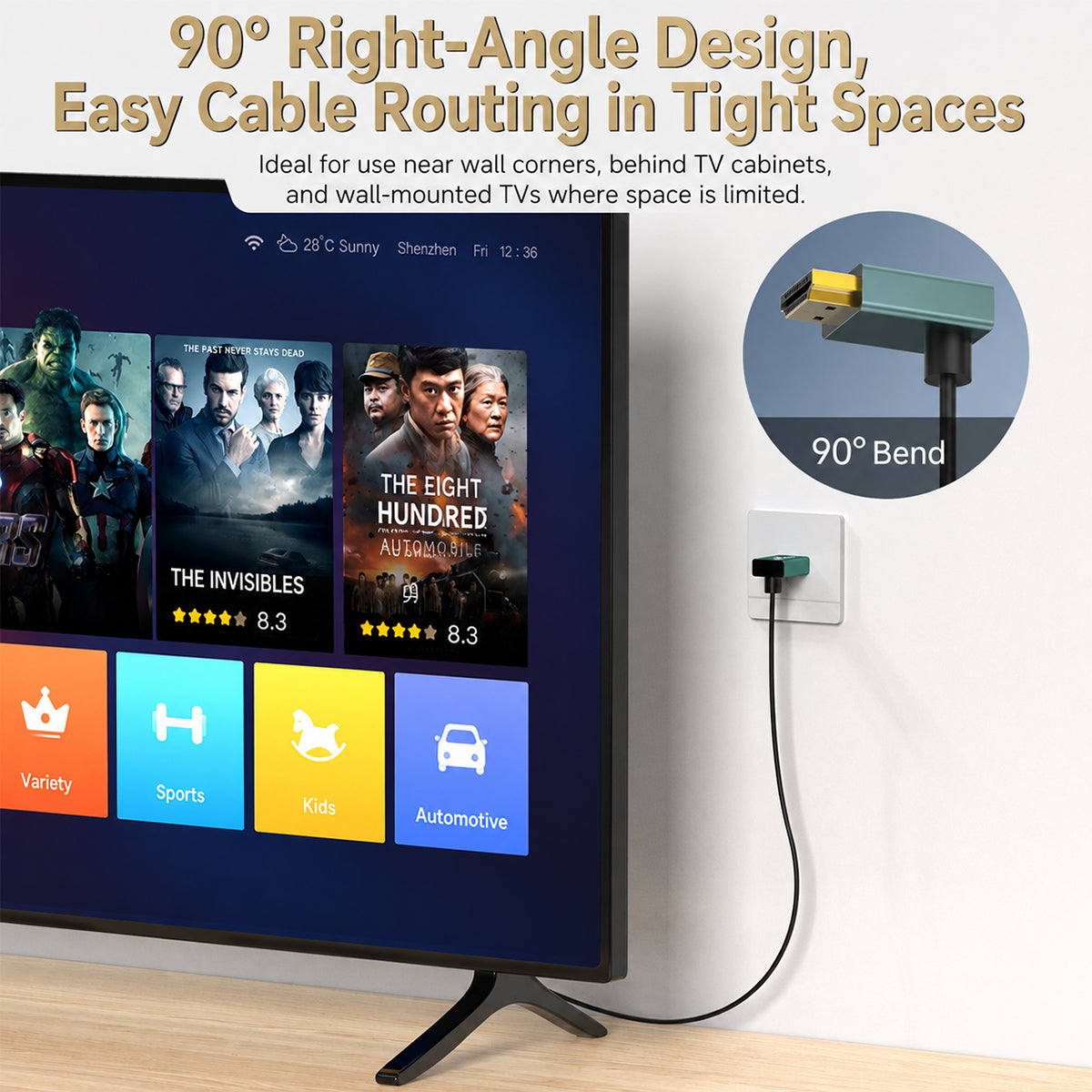 90-degree MOSHOU HDMI connector routed behind a wall-mounted display