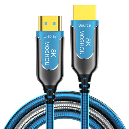 Front view of MOSHOU transparent blue armored HDMI cable
