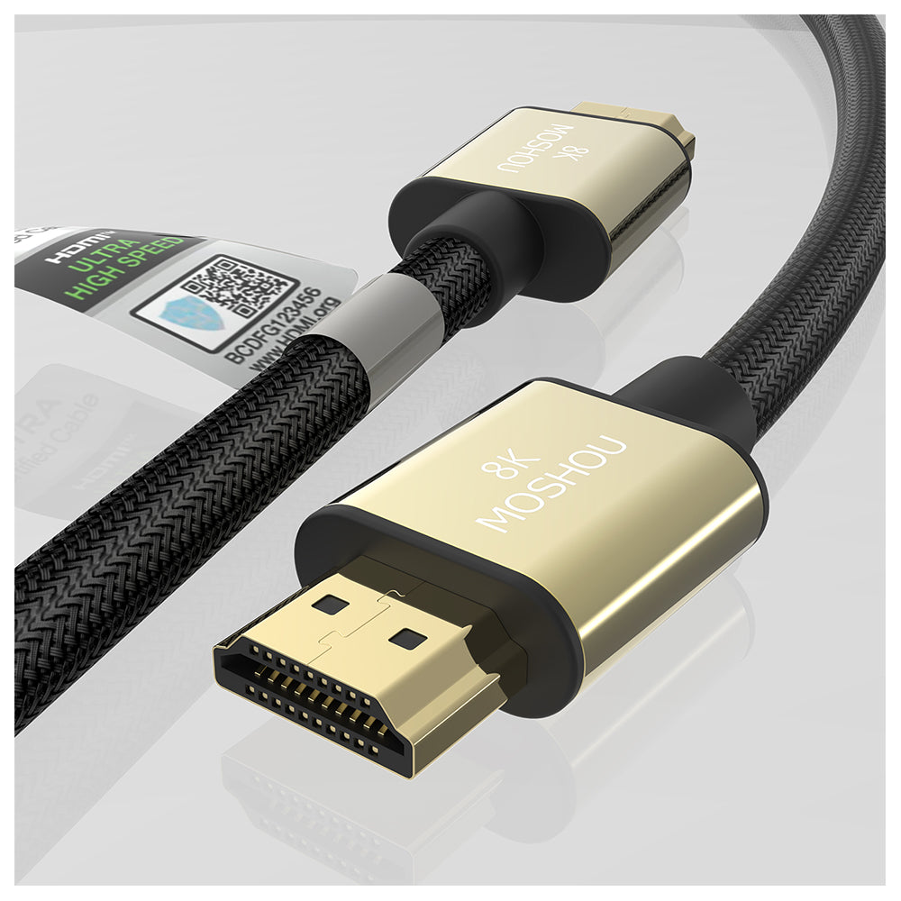 Gold HDMI 2.1 cable connectors with braided cable