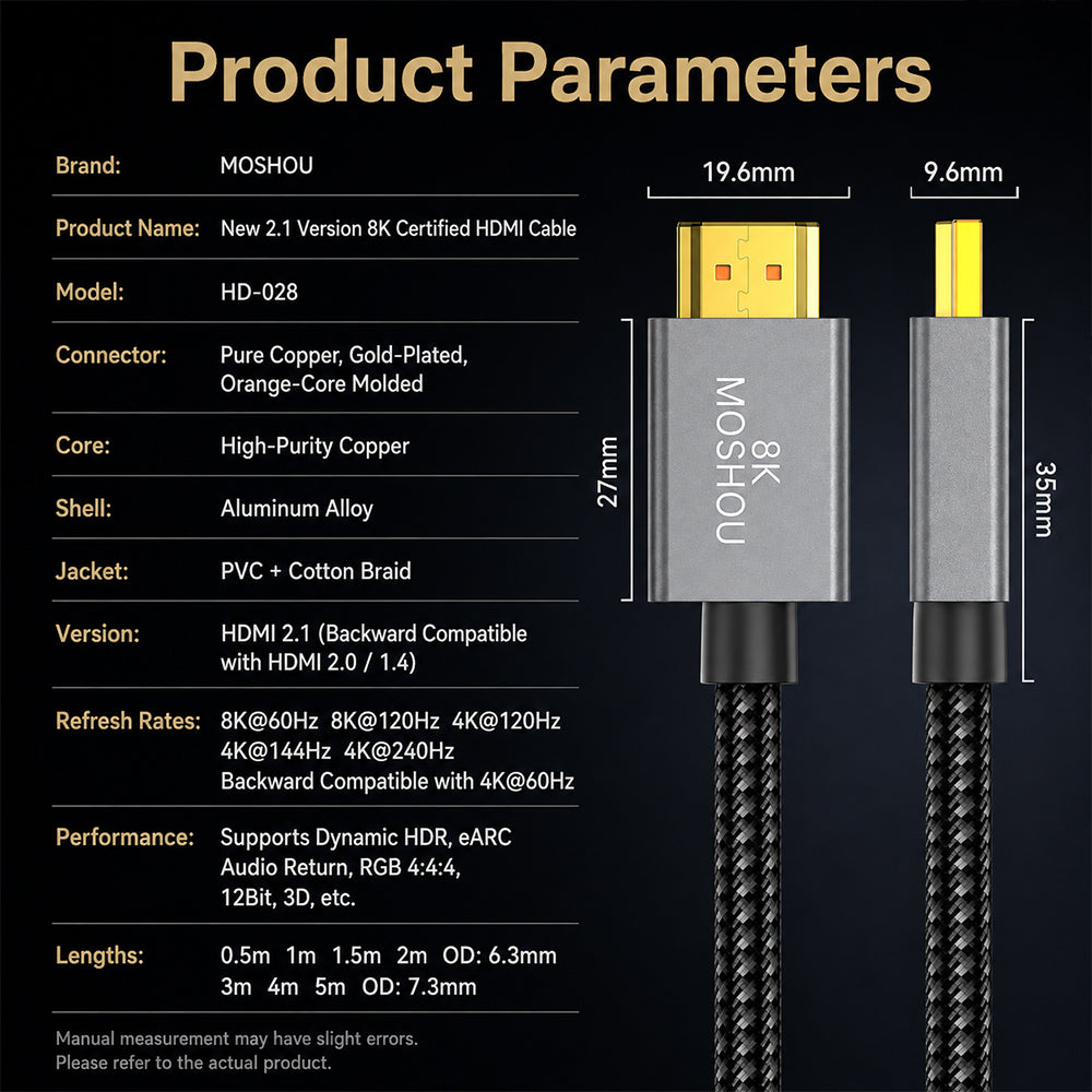 MOSHOU HD-028-D certified HDMI 2.1 cable dimensions and specifications