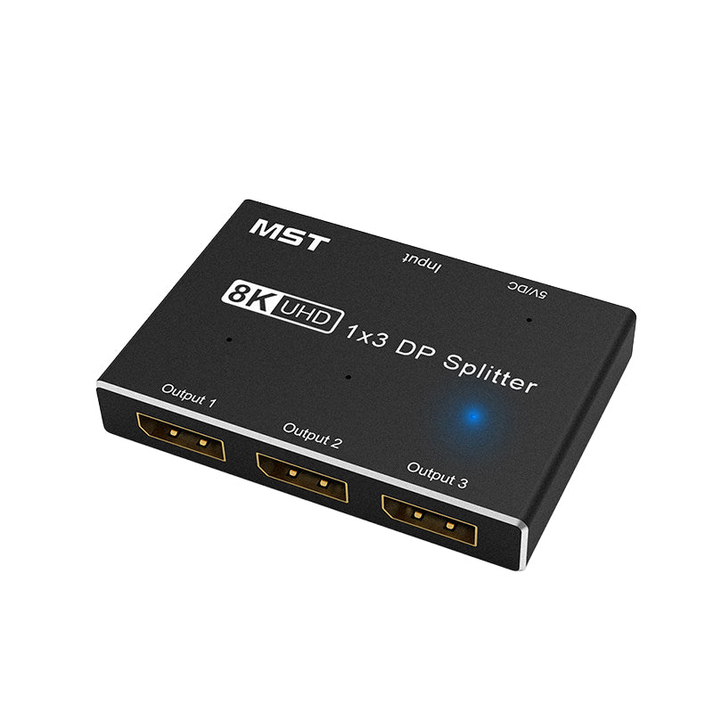 Front view of MOSHOU 8K DisplayPort MST hub with three DP output ports