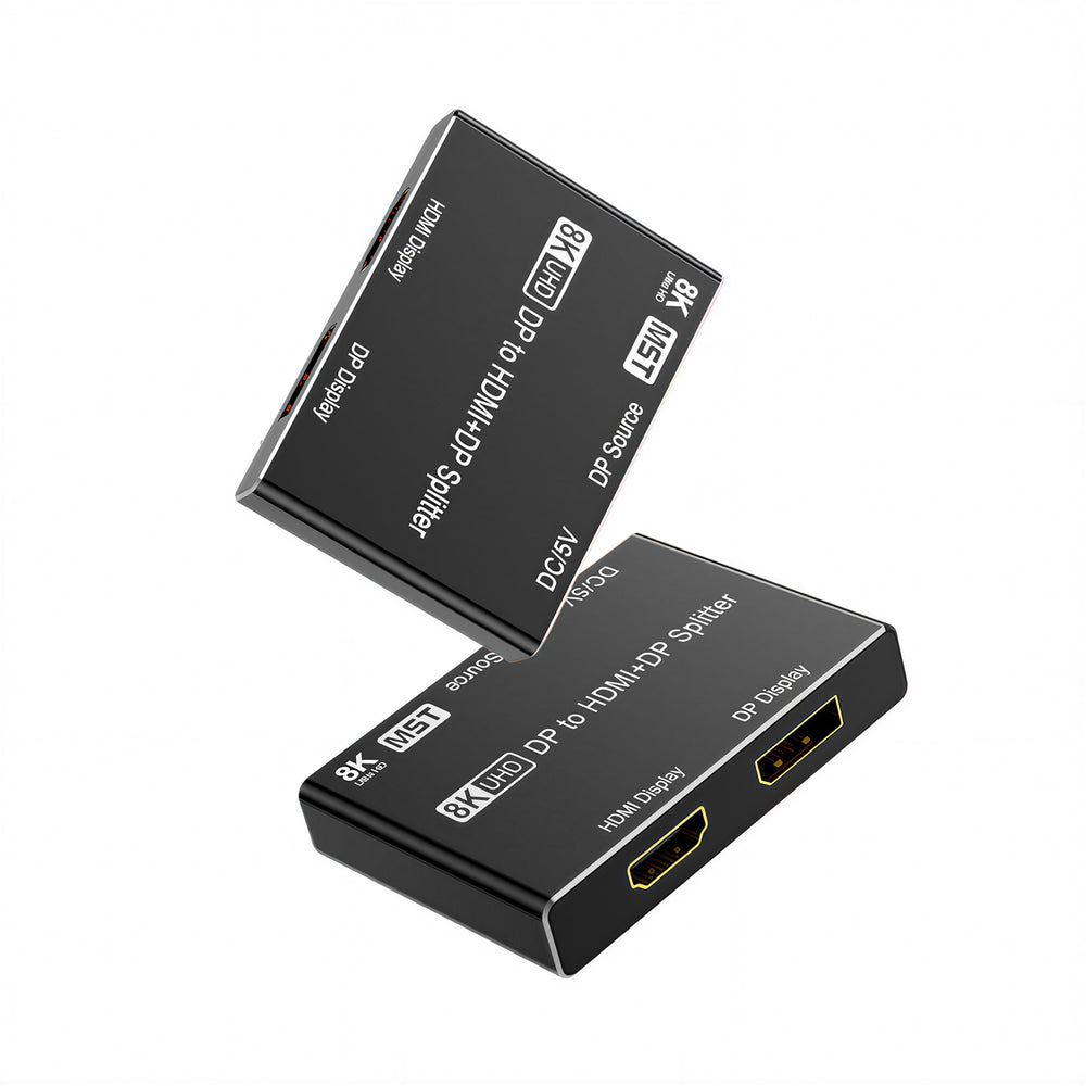 Two angled views of the compact MOSHOU DisplayPort MST splitter