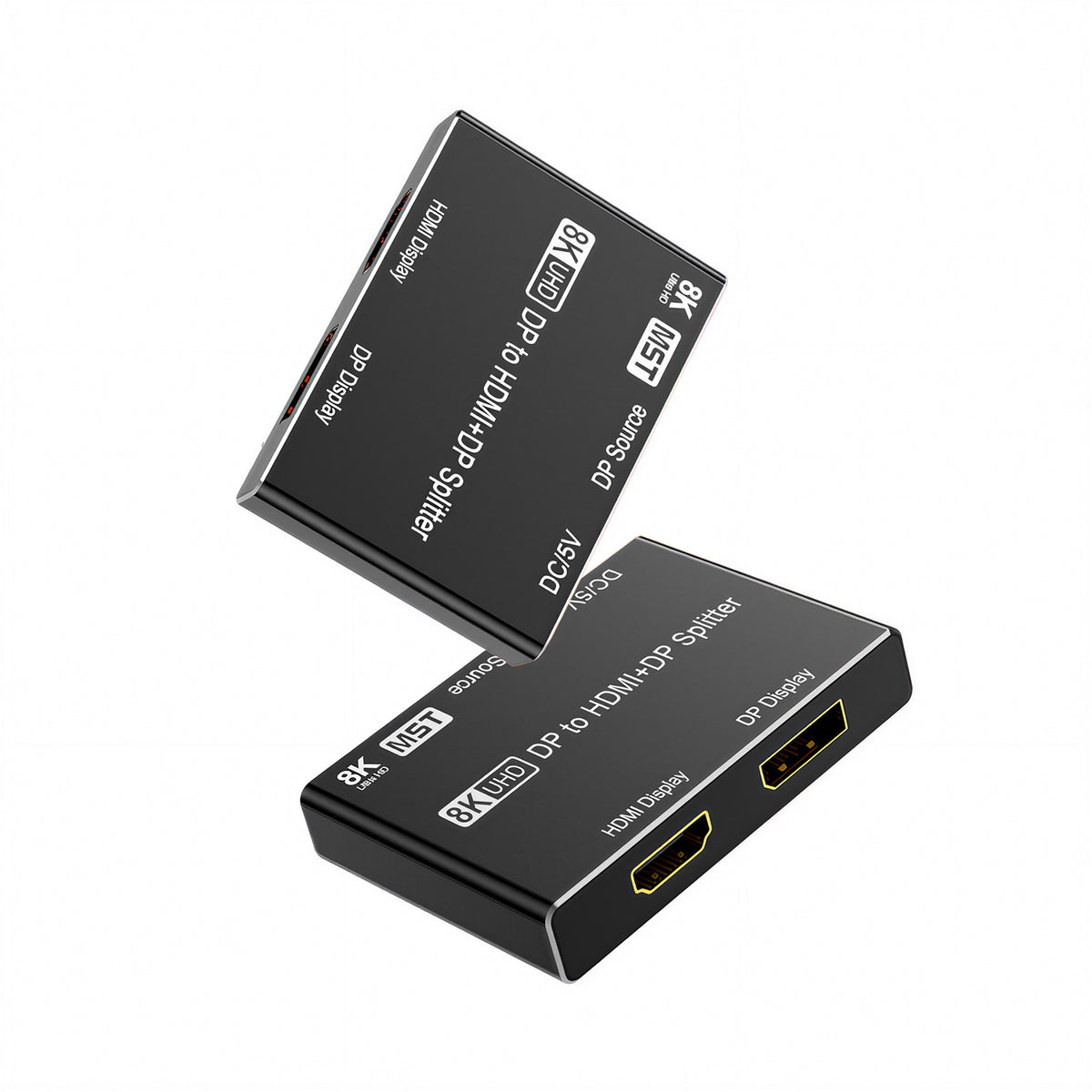 Two angled views of the compact MOSHOU DisplayPort MST splitter