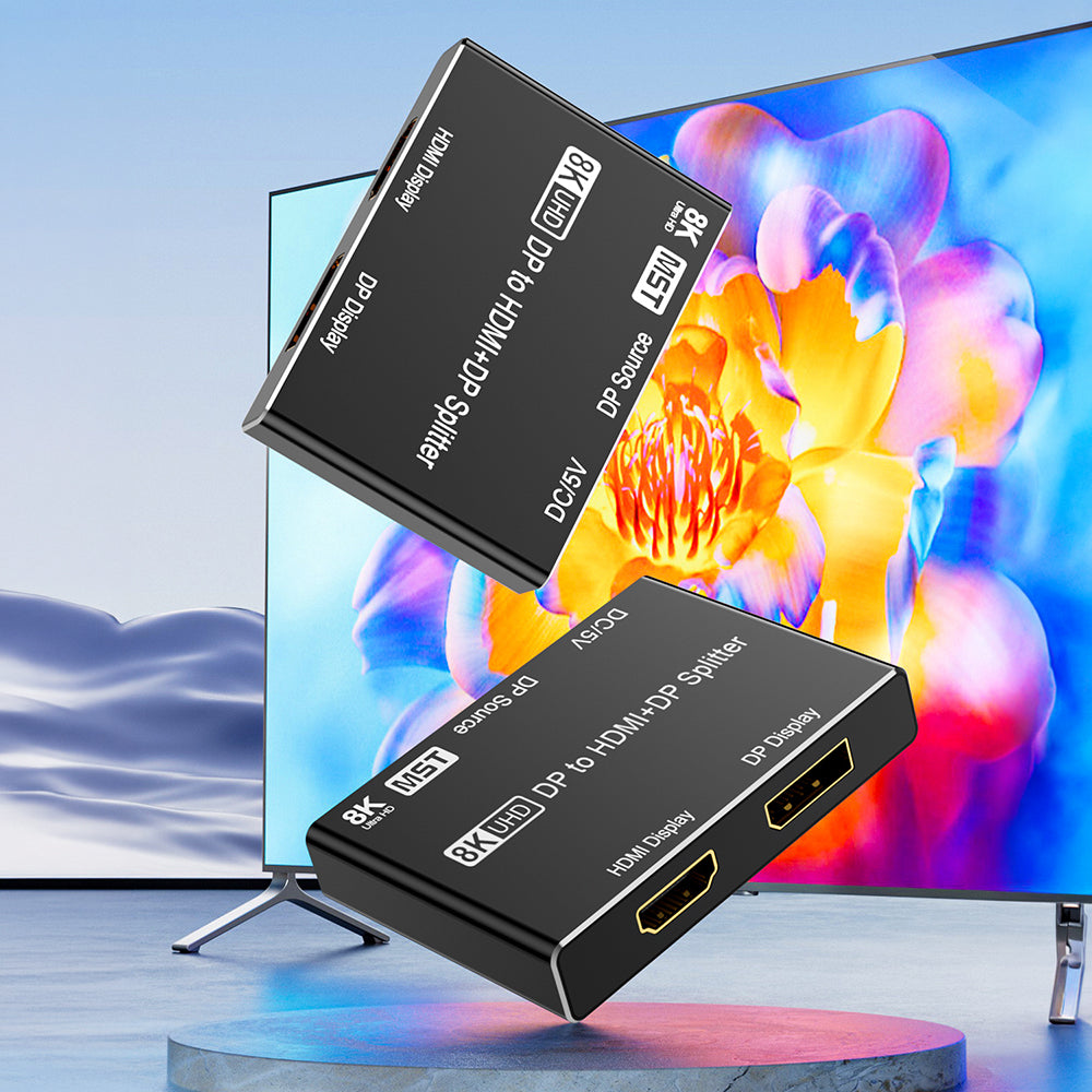 MOSHOU DisplayPort to HDMI and DisplayPort splitter shown with dual monitors