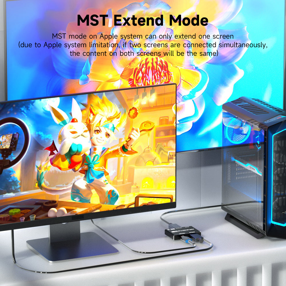 MST extended desktop example using a DisplayPort source with two external displays