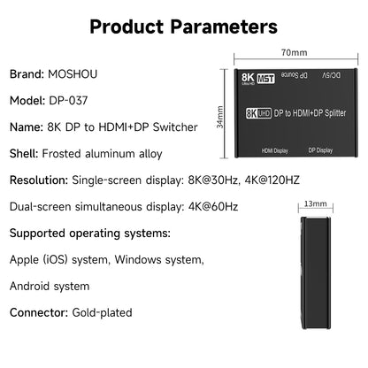 MOSHOU DP to HDMI and DP splitter specifications, dimensions and resolution limits