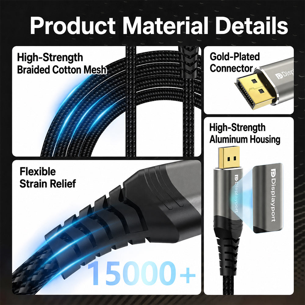 MOSHOU DP 1.4 to HDMI 2.1 cable material details with aluminum housings