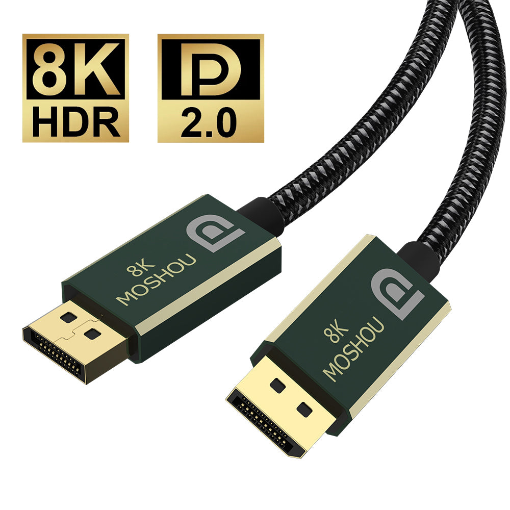 Braided MOSHOU DisplayPort 2.0 cable with green aluminum shells