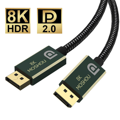 Braided MOSHOU DisplayPort 2.0 cable with green aluminum shells
