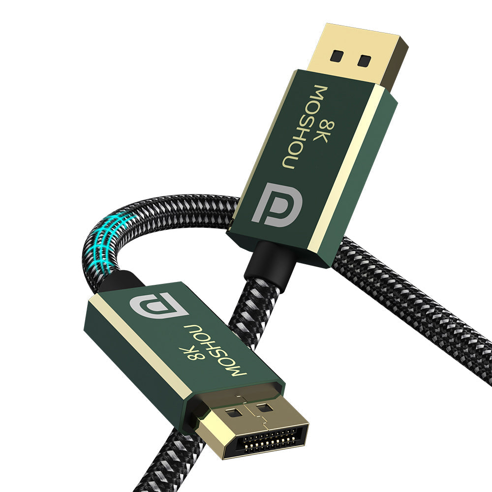 Green aluminum DisplayPort 2.0 male connectors with braided cable