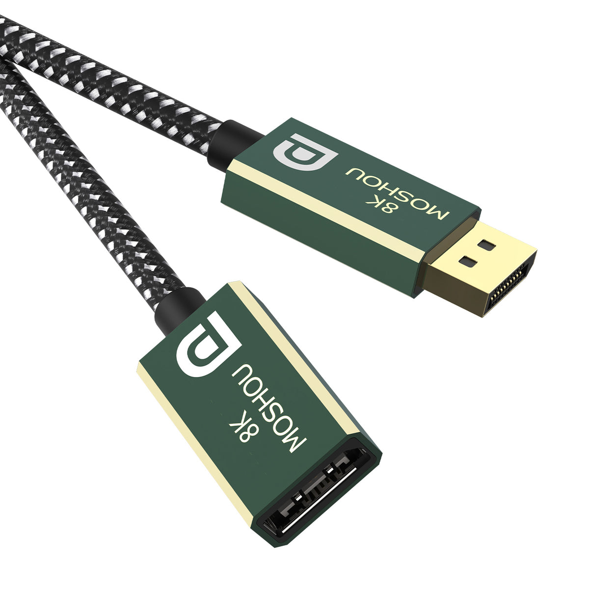 Braided DisplayPort 2.0 extension cable with green aluminum shells