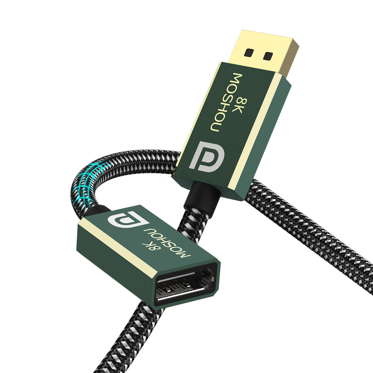 Green aluminum DisplayPort male plug and female extension port close-up