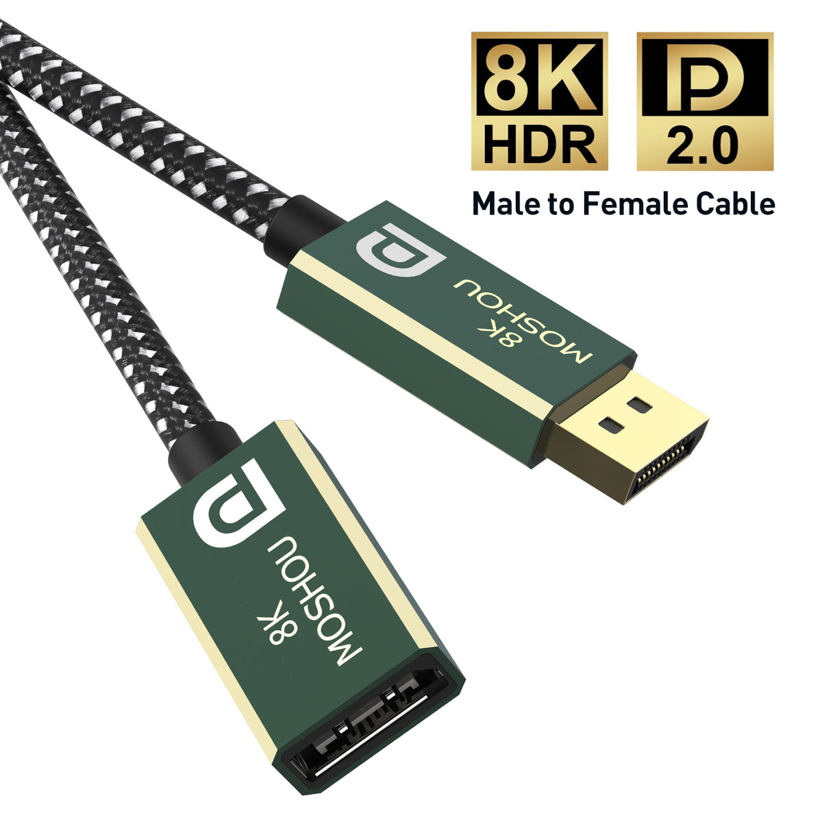 DisplayPort male connector and female socket on braided extension cable