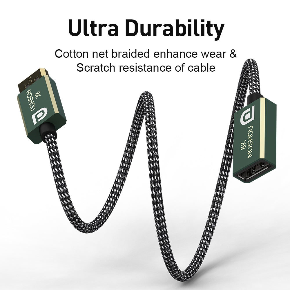 Braided DisplayPort extension cable bent to show durable construction