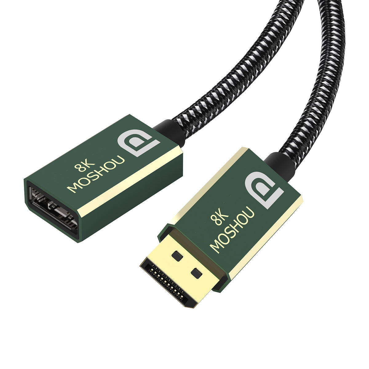 Green aluminum DisplayPort male and female connector ends