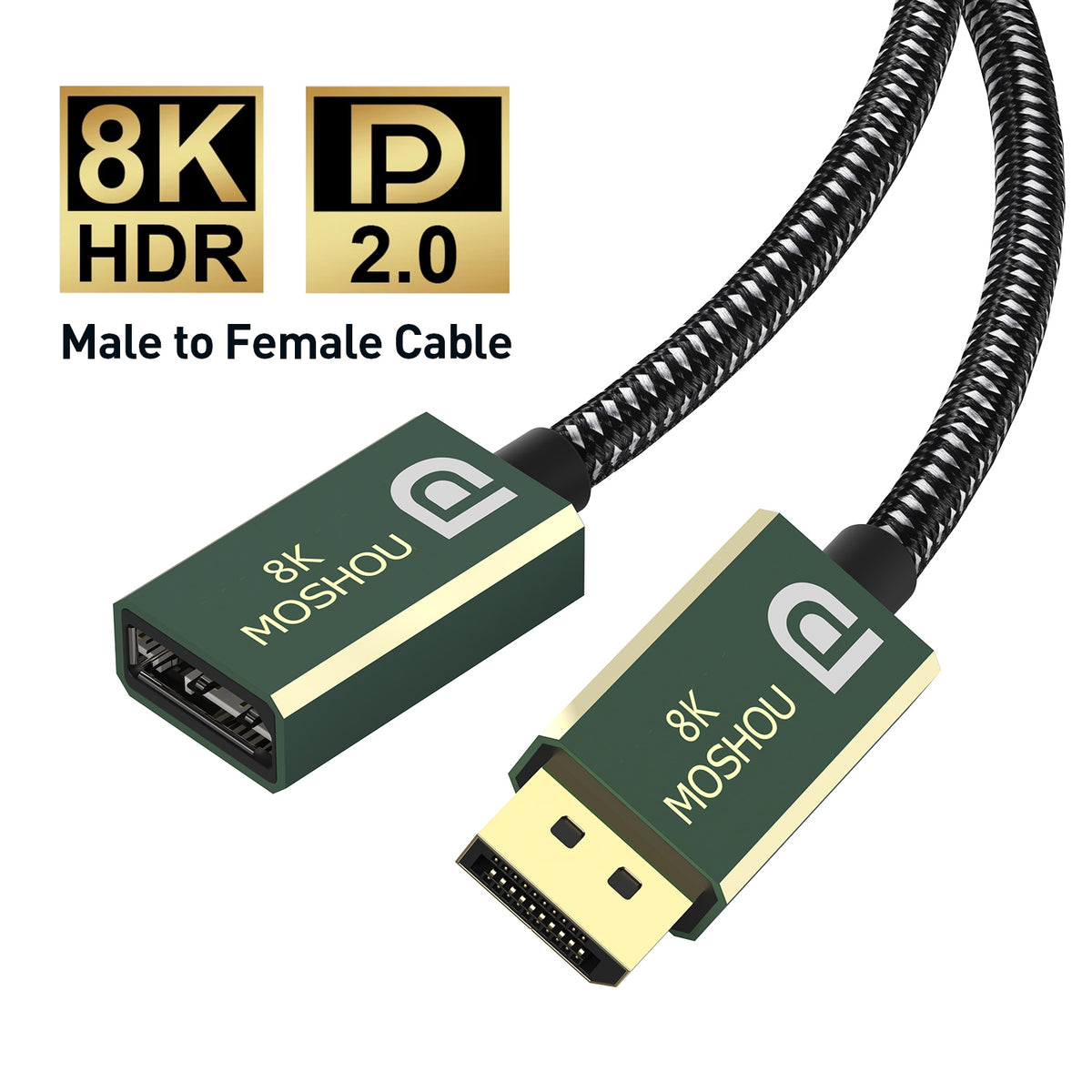 Full-length MOSHOU braided DisplayPort male-to-female cable