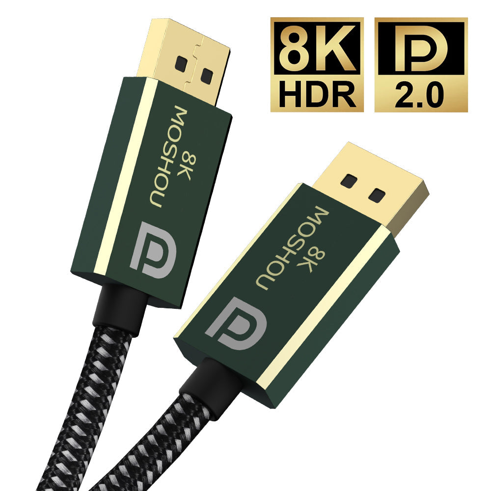 Two full-size DisplayPort male plugs on MOSHOU DP 2.0 cable