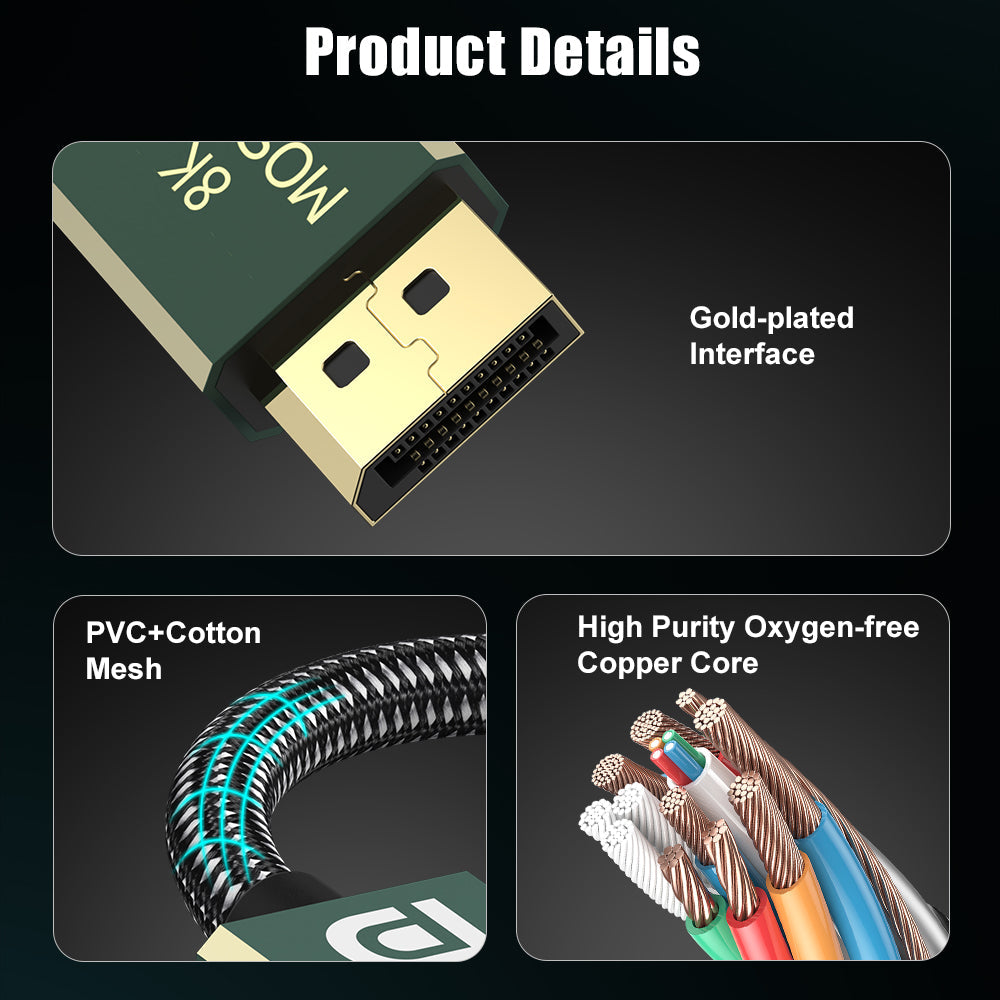 DisplayPort cable details showing gold-plated plug braided jacket and copper core
