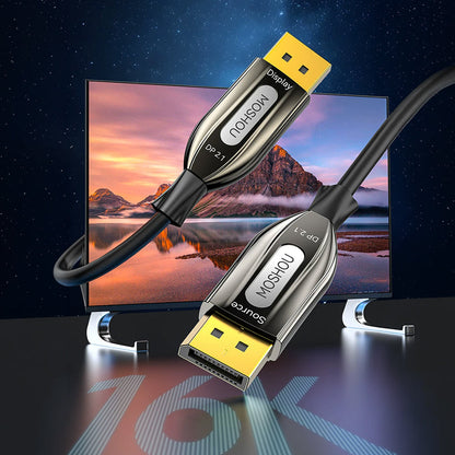 MOSHOU directional DisplayPort optical cable connected to a monitor