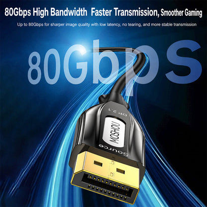 DisplayPort 2.1 optical cable showing up to 80Gbps bandwidth