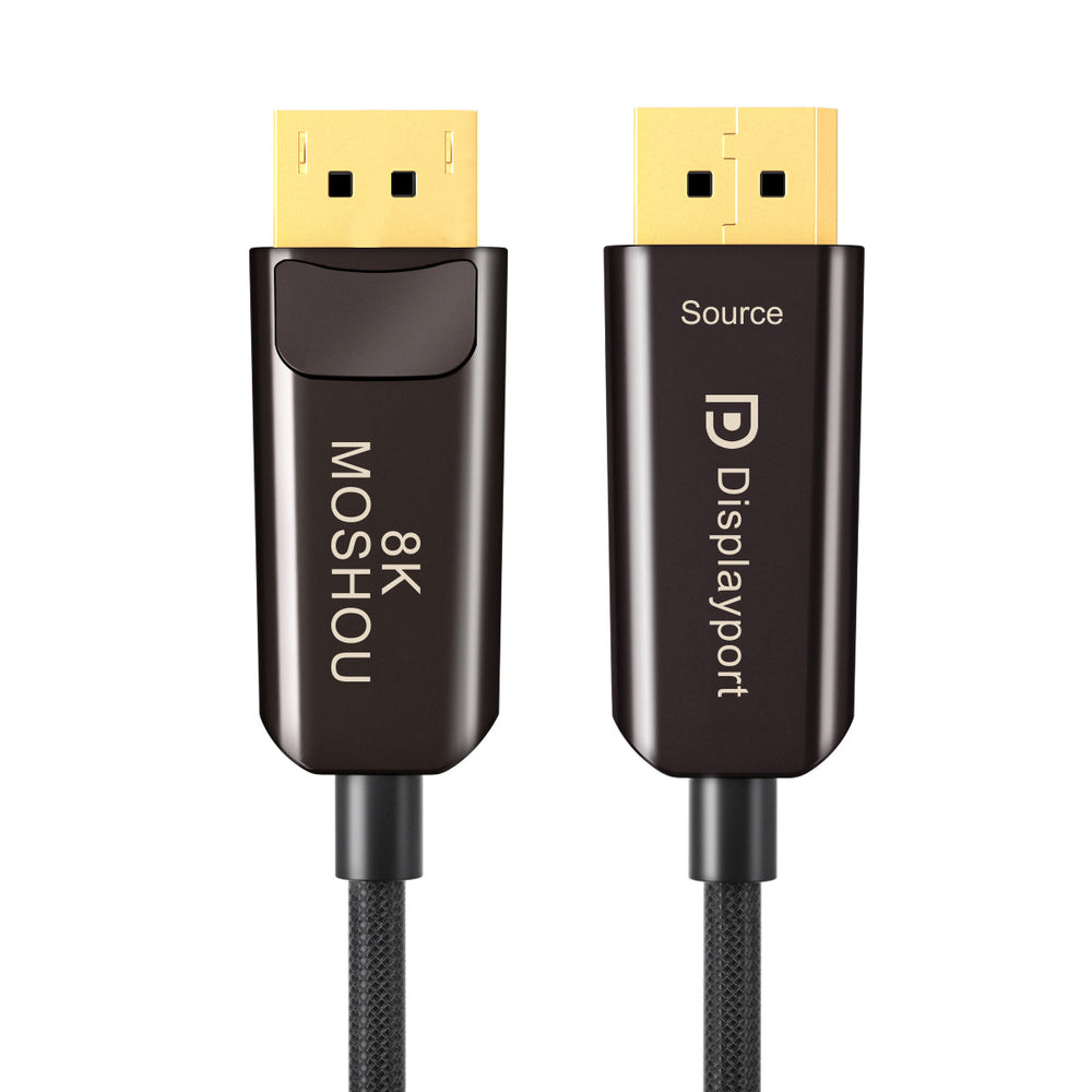 MOSHOU DisplayPort 2.1 optical fiber cable with Source and Display ends, main view