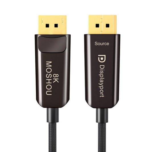 MOSHOU DisplayPort 2.1 optical fiber cable with Source and Display ends, main view
